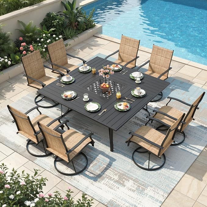 9 Pcs Patio Dining Set for 8, All Weather Outdoor Furniture Set, 59.6" Square Metal Dining Table with Umbrella Hole and 8 High Back Textilene Swivel Chairs for Deck Porch Lawn Poolside, Brown by RedefineModernLiving