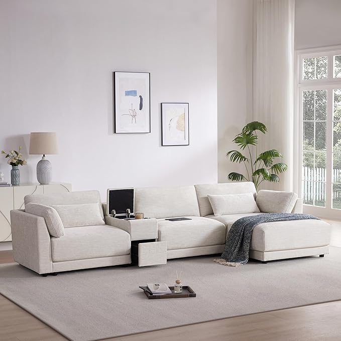 124" L-Shaped Corner Sectional Sofa with Multi-Functional Storage Console for Home Apartment, Luxury Chenille Upholstered Cloud Couches W/Wireless Charger & Ottoman