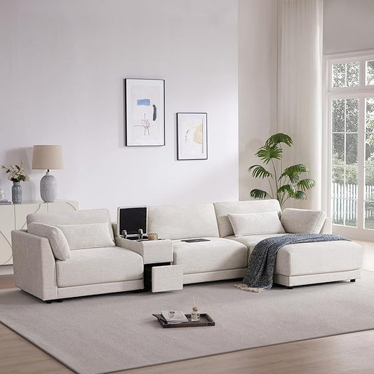 124" L-Shaped Corner Sectional Sofa with Multi-Functional Storage Console for Home Apartment, Luxury Chenille Upholstered Cloud Couches W/Wireless Charger & Ottoman