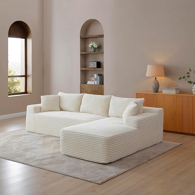 105-Inch L-Shaped Right Facing Corner Compressed Sofa Modular Sectional Boneless Cloud Sofa Floor Foam Couch with Chaise Lounge, Corduroy Corner Boneless Cloud Couch