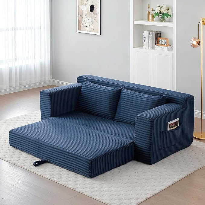 73" Convertible Sofa Bed, 2 in 1 Corduroy Folding Couch with Pillows, No Assembly Boneless Compression Sofa in Box, Loveseat with Side Storage Pocket for Apartment, Living Room, Blue