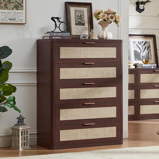 LEYAOYAO Rattan Dresser for Bedroom Set 2, 41" Tall Chest of Drawers, Modern 5 Drawers Boho Dressers with Storage, Light Oak Dresser Wooden Closet Organizer for Living Room, Hallway, Retro Walnut - Image 8