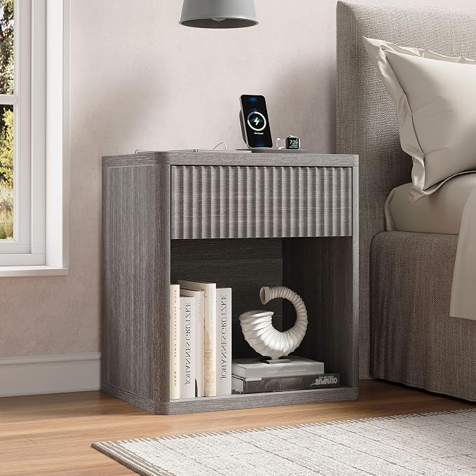 Fluted Nightstand Set of 2 with Drawer Bed Side Table Wide End Table Modern Night Stands with Large Storage Charging Station Mid Century for Bedroom Living Room Office,Gray 2 - Image 7