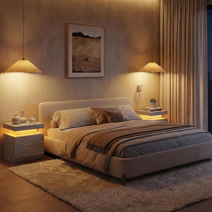 i-aplus Grey Night Stand with 2 Drawers LED Nightstands Bedroom Night Stand for Bedroom, Living Room - Image 7