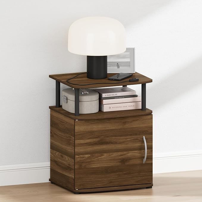 Furinno Jaya Night Stand with Door, Nightstand with Open Shelf and Door Cabinet, Round Corner Bedside Table, Side Table, End Table, for Bedroom, Closet, Dorm, Amber Pine - Image 3