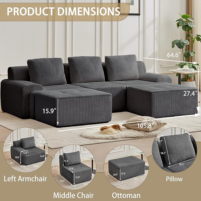 Modular Sectional Sofa with Movable Ottoman, 3 Seat Deep Seat Couch with 3 Pillows, Comfy Cloud Sectional Sofa for Living Room, Bedroom and Apartment (Grey, 1 Left+1 Right+1 Middle+2 Ottoman)