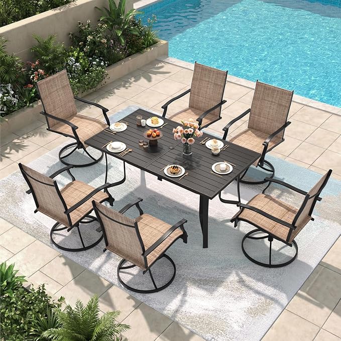 7 Pieces Patio Dining Set for 6, All Weather Outdoor Furniture Set, 63" Metal Dining Table with Umbrella Hole and 6 High Back Textilene Swivel Chairs for Deck Porch Lawn Poolside, Brown by RedefineModernLiving