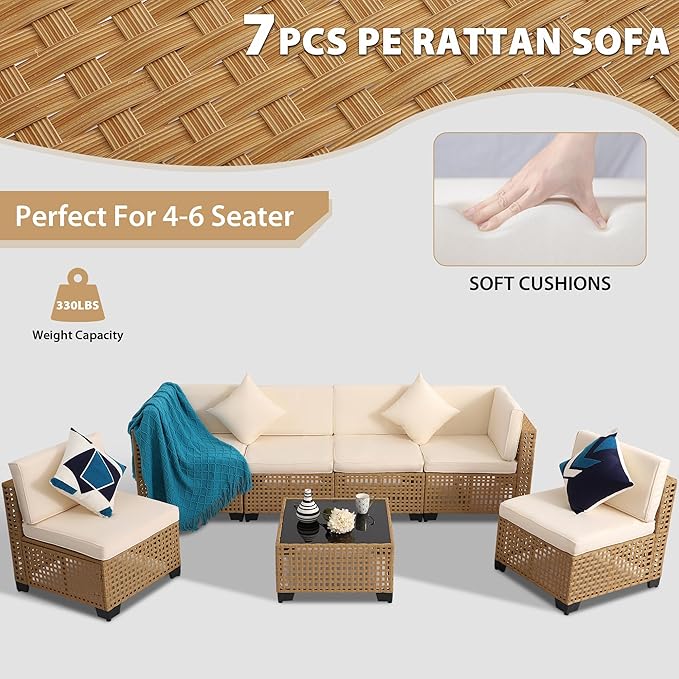 KIGOTY Patio Furniture Set,7 Pieces Modular Outdoor Sectional Sofa, PE Rattan Patio Conversation Set, All Weather Wicker Patio Furniture with Cushions and Coffee Table（Yellow/White）