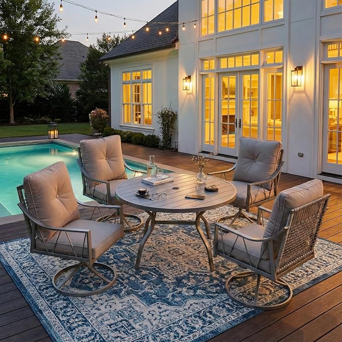 EROMMY 5-Piece Outdoor Patio Dining Set, 4 Wicker Swivel Rocking Chairs with 4" Cushions, 42" Round Table with Adjustable Umbrella Hole for Yard, Backyard, Black - Image 7