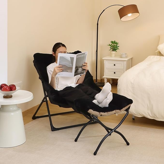 Comfy Saucer Chair for Adults, Set of 2, Soft Faux Fur Bedroom Chair, Accent Dorm Chairs, Flexible Living Room Reading Chairs, Oversized Folding Seat for Teens, X-Large, Black