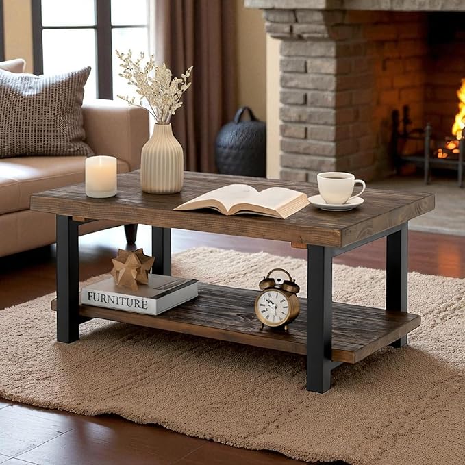 Alaterre Furniture Pomona Living Room Tables – 42 Inch Rectangular Solid Wood Coffee Table with Storage Shelf & Metal Legs – Rustic Industrial Farmhouse Living Room Table (Rustic Brown)