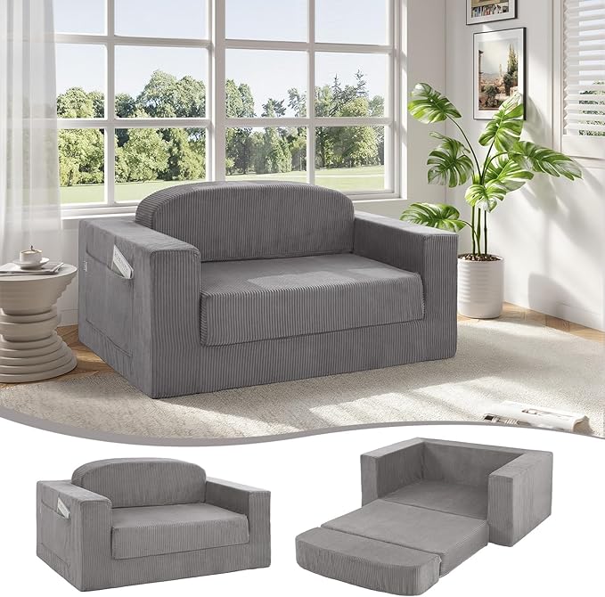 MeMoreCool Convertible Sofa Bed, Pull Out Loveseat Sleeper Sofa, Small Boneless Cloud Couch Bed for Adults, Fold Out Foam Love Seat, Corduroy Folding Floor Couch for Bedroom, Light Grey