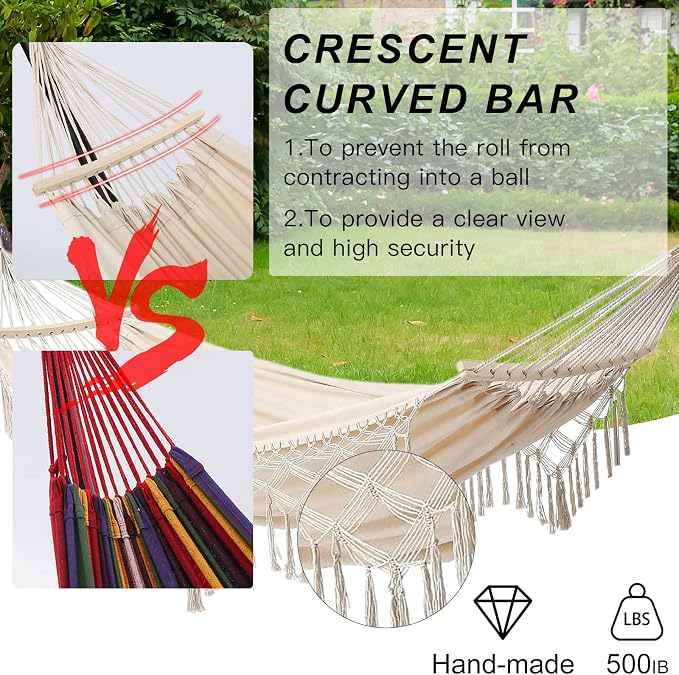 Hammock Hanging Swing Double Max 500lbs Macrame for Indoor Outdoor Patio Yard Garden (Beige) - Image 2