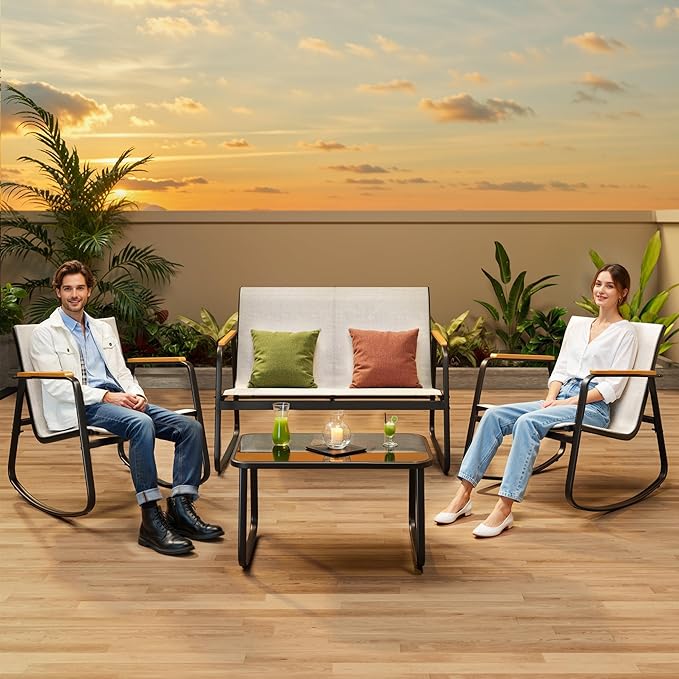 Ahomly Outdoor Patio Furniture Set 4 Pieces, Conversation Textilene Fabric Chairs with Coffee Table Rocking Chairs Bistro Set for Backyard, Poolside, Porch (White)
