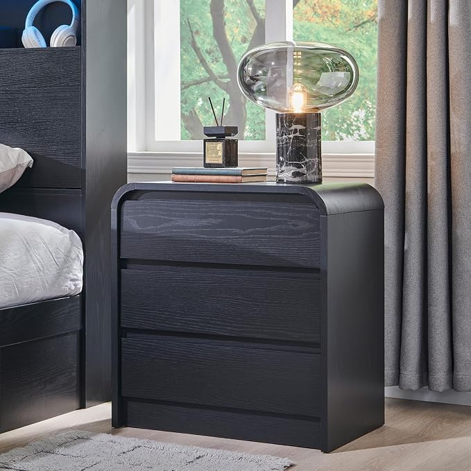 Aitjunz 25" Tall Modern Nightstand with Charging Station, 23.6'' Wide Wood Bedside Table w/3 Storage Drawers, Small Dresser w/Curved Profile Design, End Table for Bedroom, Black - Image 6