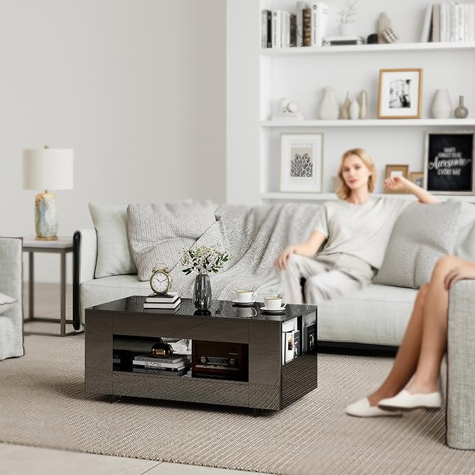 Glossy Coffee Table with Open Shelf Storage - High Gloss Modern Cocktail Table for Living Room, Bedroom, Office