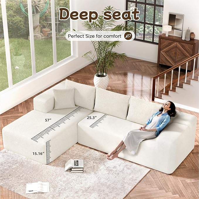 L-Shape Cloud Sectional Sofa, 104” Modern Modular Boneless Couch with Right Chaise Lounge, Compressed Floor Sofa with 5 Pillows & Deep Seat, Rain Drop Velvet Couch for Living Room, Beige