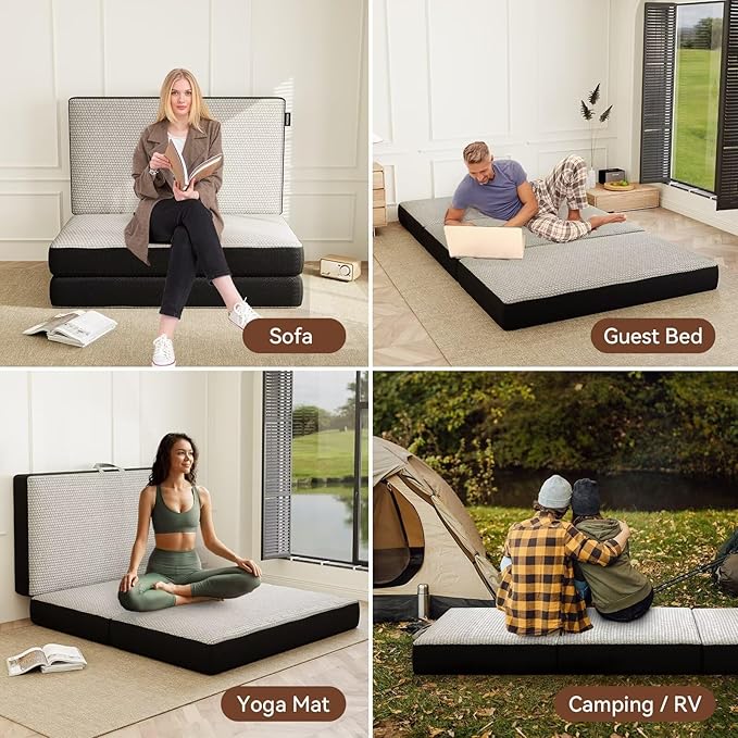 ROXGOX Memory Foam Trifold Mattress, Full Portable Floor Bed 6 Inch, Foldable Mat with Washable Cover, Handle & Non-Slip Bottom, for RV, Travel, Camping, Yoga, 73"x52"x6", Grey