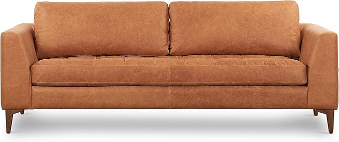 Poly & BARK Calle 90" Sofa Full-Grain Pure-Aniline Italian Leather in Cognac Tan, Solid Wood Legs