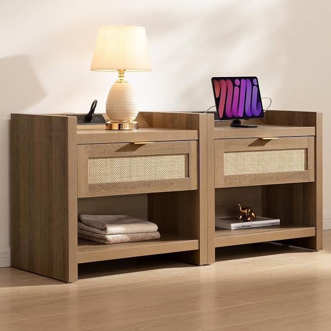 SICOTAS Night Stand Set of 2 Nightstands - Rattan Bed Side Table with Drawer Storage,Type-C Charging Station End Table - Boho Bedside Night Stands for Bedroom - Natural Oak by SICOTAS