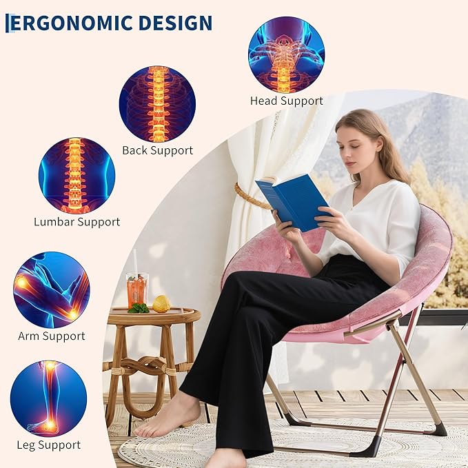 GAOMON Saucer Chair, Comfy Chair Faux Fur Lounge Moon Chair with Folding Metal Frame, Oversized Plush Flower Accent Seat for Adults, Teens & Kids, for Teens, Bedroom, Dorm or Living Room, Rose Pink