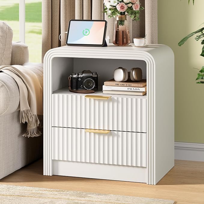 Decofy Fluted Nightstand with Charging Station, 19.7'' Wide Morden End Table with USB/Type-C Ports, 2 Drawers & Open Shelf, Curved Profile Design, Wood Bedside Table for Bedroom (White) - Image 8