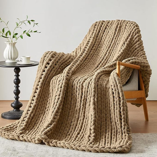 Negwoo Chunky Knit Throw Blanket, 50''*60'' Knitted Throw Chenille Yarn for Bed Couch, Handmade Light Brown Crochet Big Thick Blanket, Machine Washable Cute Comfy Blanket for Home Decor