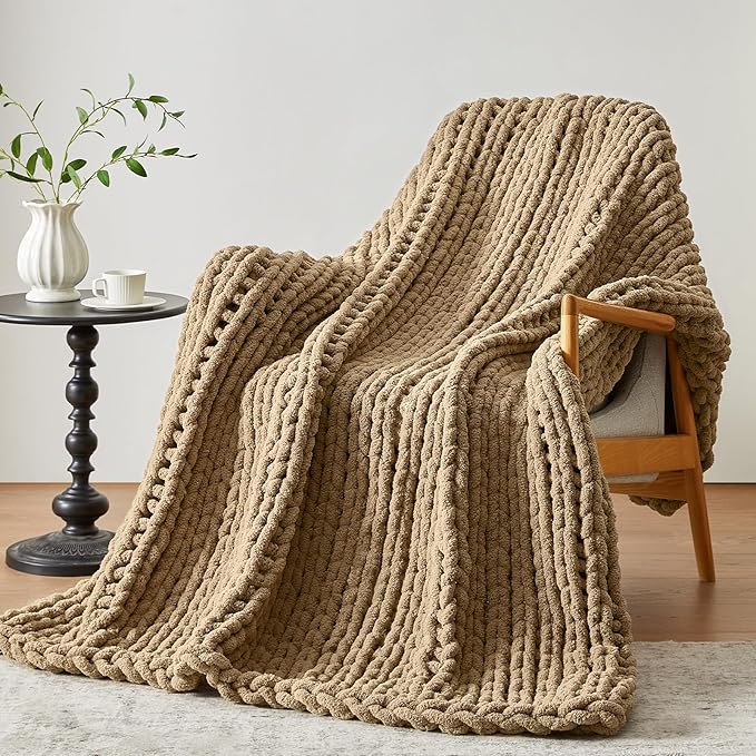 Negwoo Chunky Knit Throw Blanket, 80''*90'' Knitted Throw Chenille Yarn for Bed Couch, Handmade Light Brown Crochet Big Thick Blanket, Machine Washable Cute Comfy Blanket for Home Decor