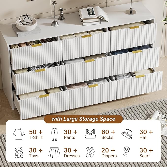 Furniway White Dresser Bedroom Set 3 Pieces, Nightstands Sets of 2, 9 Drawer Dresser with Gold Handles for Bedroom