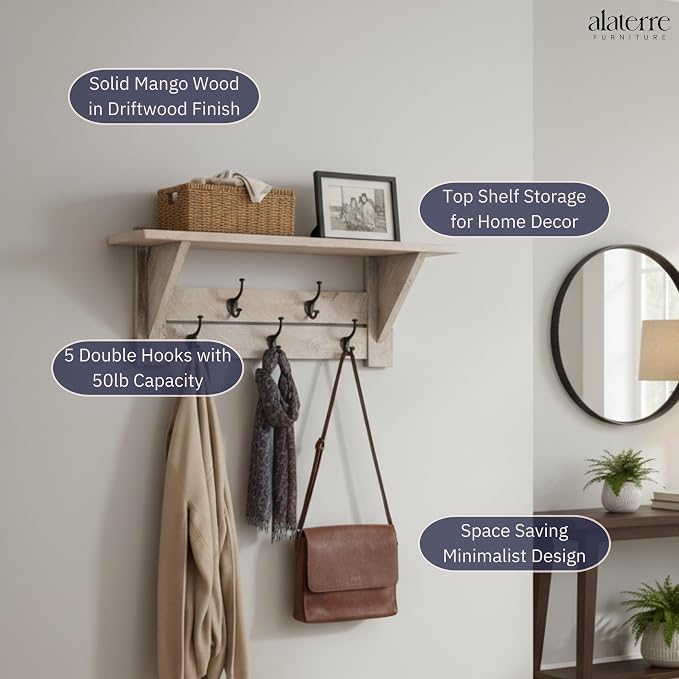 Alaterre Furniture Bethel Wall-Mounted Coat Rack with Shelf – Modern Farmhouse 40-Inch Solid Wood Entryway Organizer with 5 Black Metal Double Hooks & Upper Storage Shelf (Driftwood Finish) - Image 4