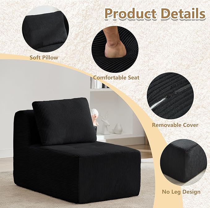 KIGOTY Modular Sectional Sofa, Comfy Cloud Sectional Couch, Armless Boneless Couch for Living Room, No Assembly Required,Black