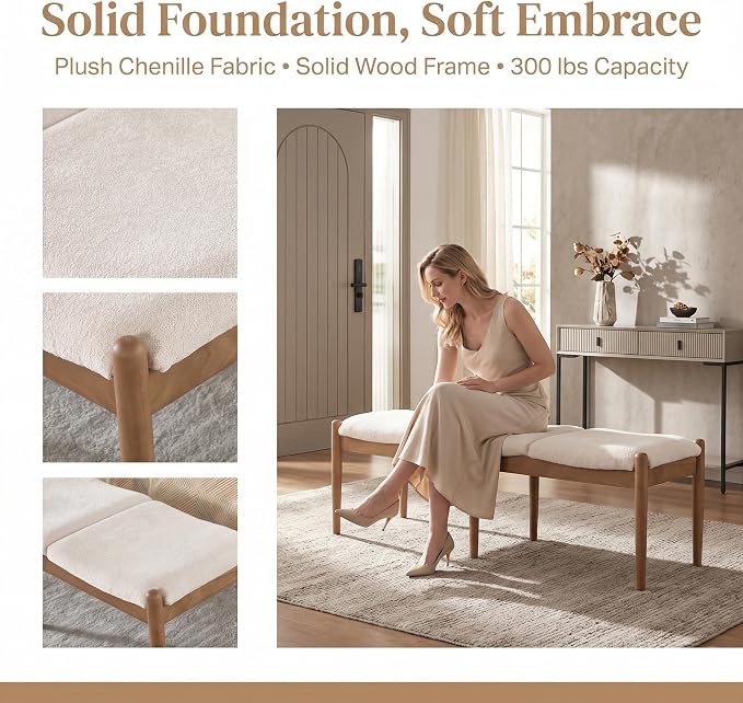 DUOMAY 55'' Modern Ottoman Bench, Chenille Upholstered Entryway Bench Bedroom Bench with Wood Legs, End of Bed Bench for Bedroom, Living Room, Corners, Kitchen, Beige - Image 3