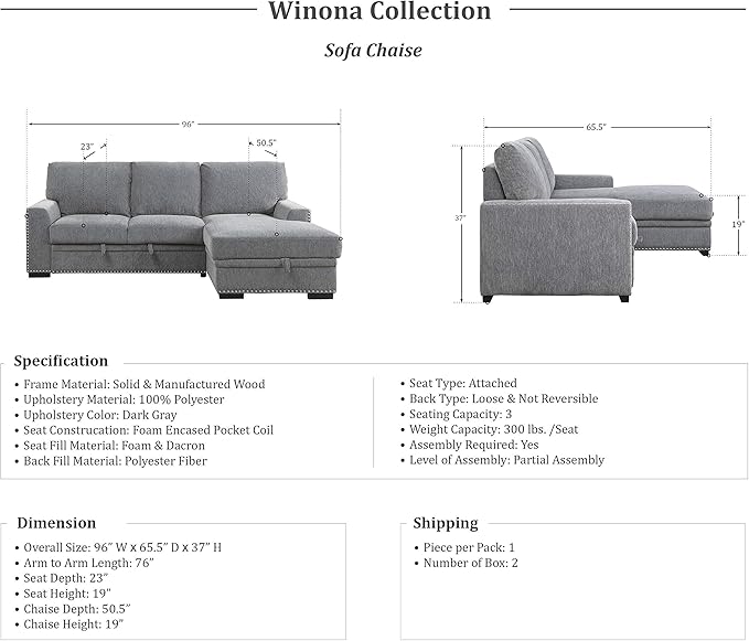 Lexicon Mid Century Modern Sectional Sleeper Sofa Bed Couch with Storage Chaise, Sectional Sofa Pull Out Couch Bed, Sectional Couch Lounge Sofa for Living Room Apartment, Right Side Chaise, Gray