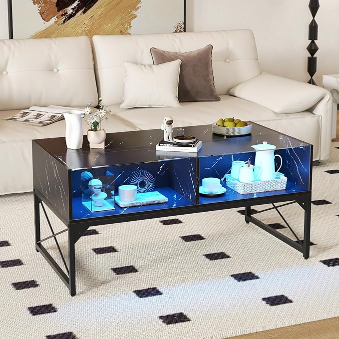 Tangkula LED Coffee Table, High Glossy Center Table with 4 Storage Cubes, Faux Marble & Tempered Glass Top, Adjustable Light Colors, Remote Control, Modern Cocktail Table for Living Room (Black)