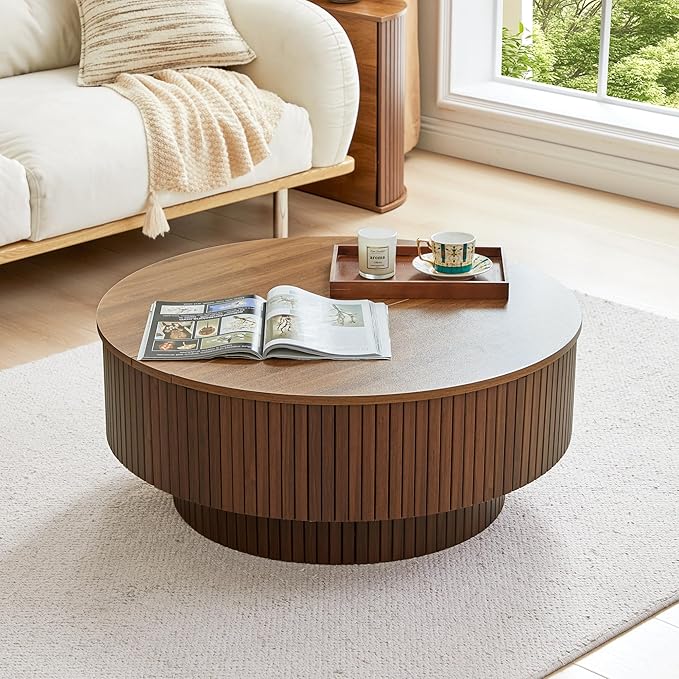 33" Round Coffee Table with Lift-Top & Flip-Top Storage, Modern Accent Fluted Coffee Tables with Metal Frame, Wooden Circle Center Table for Living Room Small Space Apartment Office (Walnut)