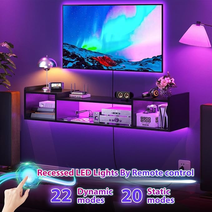 55.1"W Floating TV Stand with LED Lights & Power Outlets for 50 55 60 65 Inch TV Wall Mounted Entertainment Center with Storage for Living Room Wood Media Console Shelf Black TV Shelf Wood for Bedroom - Image 2