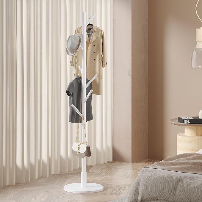 VECELO Coat Rack Freestanding, Entryway Hanger Stand, Umbrella Holder, Hall Tree With Hooks, Floor Standing Metal Tree Stand,White by VECELO