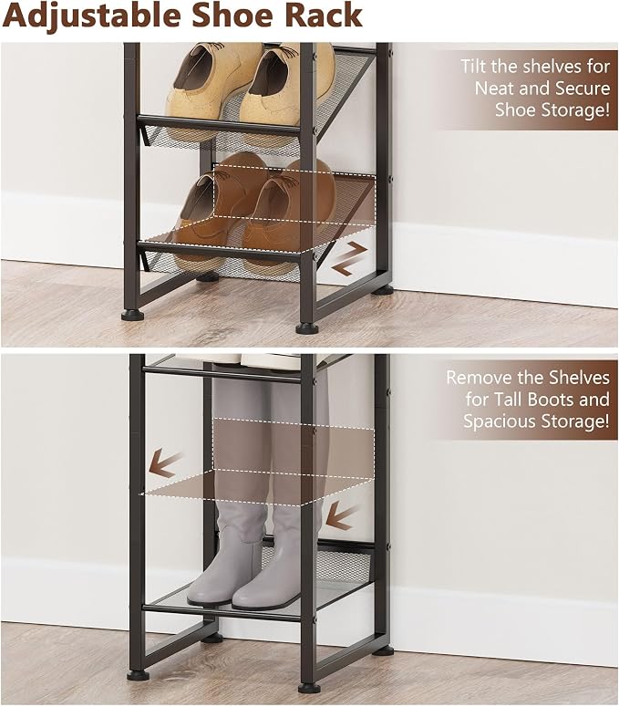 8 Tiers Vertical Shoe Rack, Corner Shoe Storage Organizer, Narrow Shoe Tower for 6 Pairs, Space Saving Sturdy Metal Shoe Shelf, Adjustable, Freestanding, for Entryway, Hallway, Living Room, Bedroom - Image 4