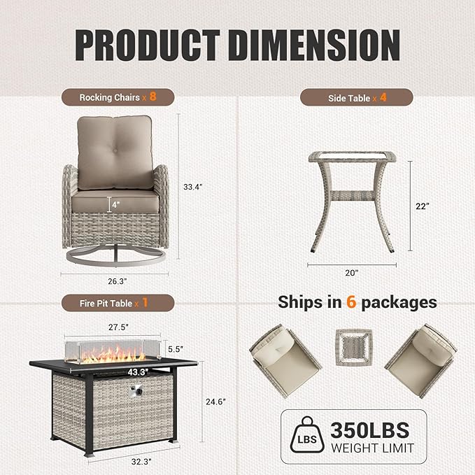 13Pcs Patio Rocking Swivel Chair with 55,000 BTU Fire Pit Table Outdoor Wicker Rattan Bistro Set with Tempered Glass Side Table, Outdoor Patio Furniture Set for Garden and Balcony, Beige
