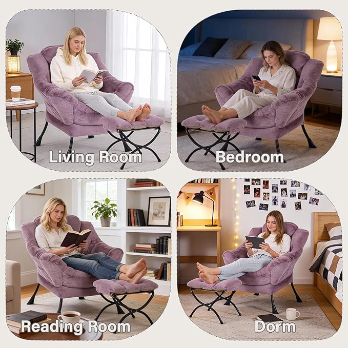 MBOOYOME Lazy Chair with Ottoman, Modern Accent Lounge Armchair with Side Pocket & Foldable Footstool, Leisure Reading Chair for Living Room, Bedroom, Dorm & Office, Plush Purple