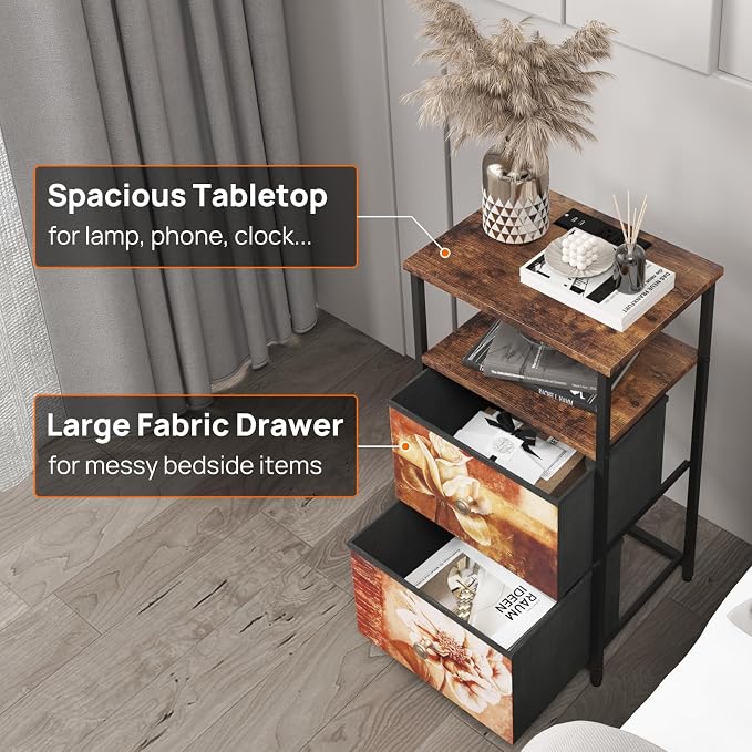 nightstand Set of 2 with Charging Station, LED BedsideTable w/USB Ports & Outlets,End Table w/2 Fabric Drawers and Open Shelf, Black Steel Frame for Living Room, Bedroom, Rustic Style - Image 7