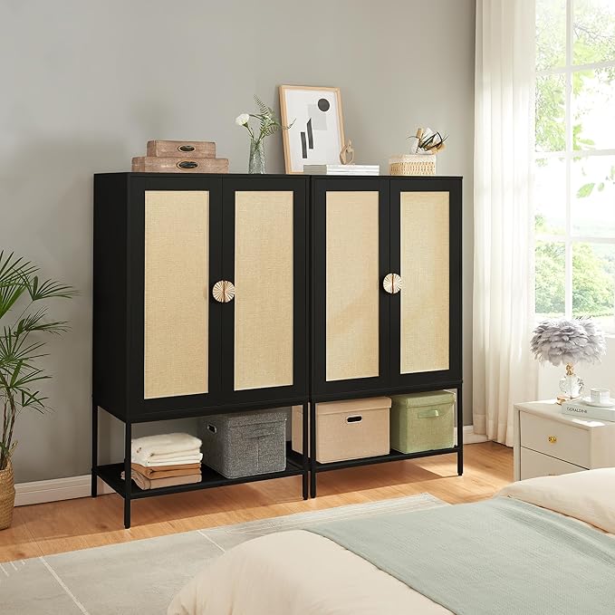 Bedroom Armoire,Wooden Rattan Armoires Metal Frame with Large Storage Space & Elegant Handle 2 Doors for Bedroom(Black)
