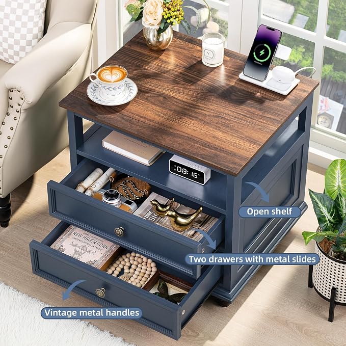 Joaxswe Farmhouse Nightstand Set of 2 with Charging Station, 24" Wide End Table with 2 Drawers,Wood Dresser for Bedroom,Bed Side Table Chest of Drawers Cabinet,Navy BlueNight Stand for Living Room - Image 5