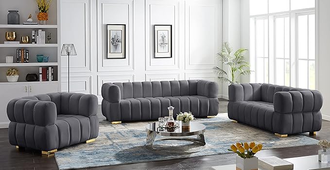Meridian Furniture 670Grey-L Gwen Collection Modern | Contemporary Velvet Upholstered Loveseat with Deep Biscuit Tufting