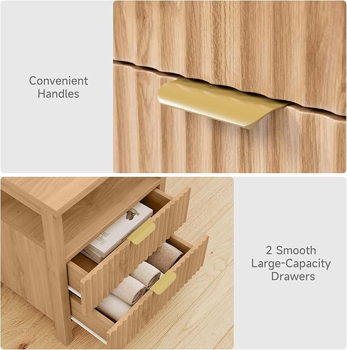 Real Relax Fluted Nightstand with Charging Station (2 Drawers) - Storage for Bedroom & Study, Small Home Side Table, Oak - Image 6