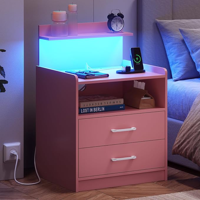 Nightstand Set of 2 with Charging Station and LED Lights, Bedside Table with 2 Drawers and Open Storage Shelf, 2 USB Ports and 2 AC Outlets, LED Night Stands for Bedroom Set of 2, Pink - Image 7