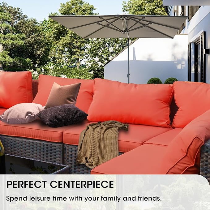 Patio Furniture Set 7 Piece Outdoor Wicker Sectional Sofa - All Weather High Backrest PE Rattan Couch Conversation Set with Cushion & Glass Top Table for Backyard Deck (Red, L-7 pcs w/glass table)