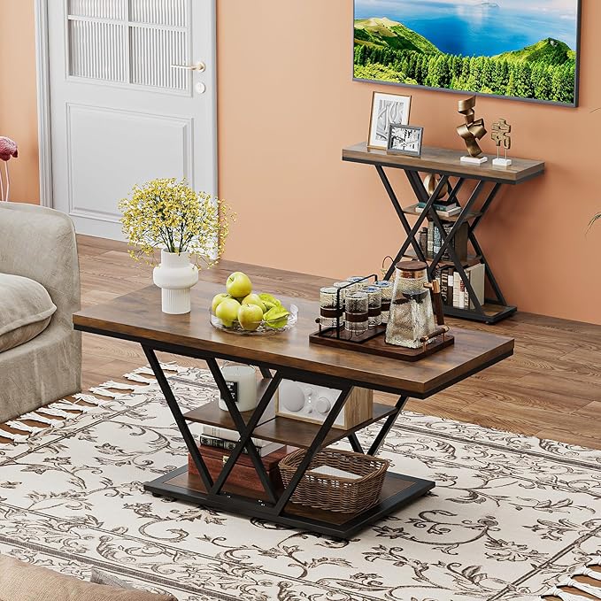 Coffee Table with Storage Industrial 3 Tier Center Living Room Table Farmhouse Wooden Rectangle Cocktail Rustic Tea Table for Office Bedroom(Brown)