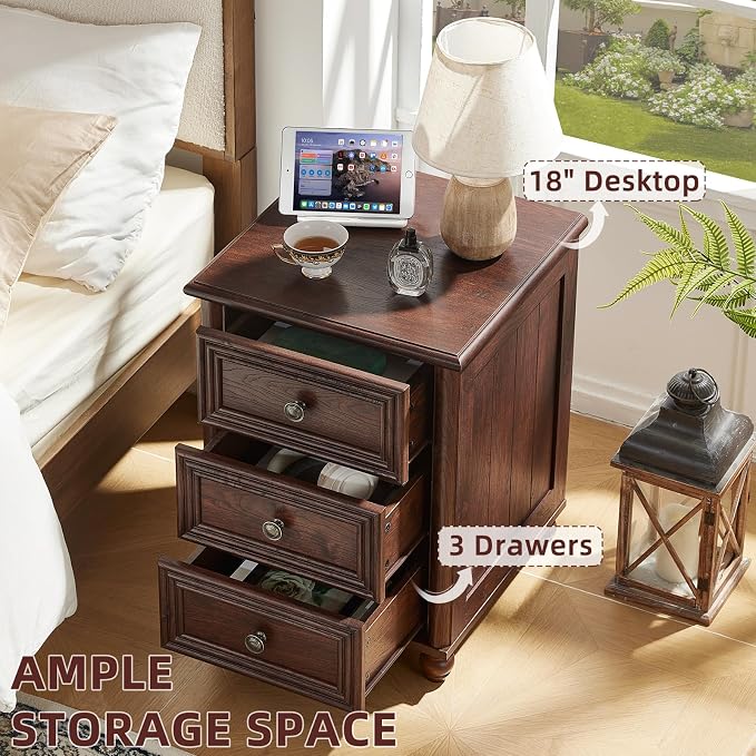 RWYHG 18" Farmhouse Night Stand, Walnut Wood Nightstand with 3 Drawers, Bedside End Table with Storage and Roman Column, Bed Side Tables Cabinet for Bedroom, Living Room, and Closet - Image 4