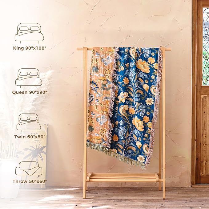 LUTBM Boho Throw Blanket for Couch Sofa Chair Cotton Spring Blankets for Bedroom Living Room All Season Soft Lightweight Reversible Floral Bird Embroidery Decorative Throws 50"x60"